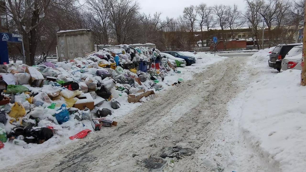 Заваленная мусором контейнерная площадка между домами 6 и 8 по улице Доватора в Челябинске