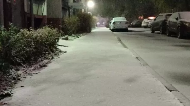 Тротуар припорошило снегом